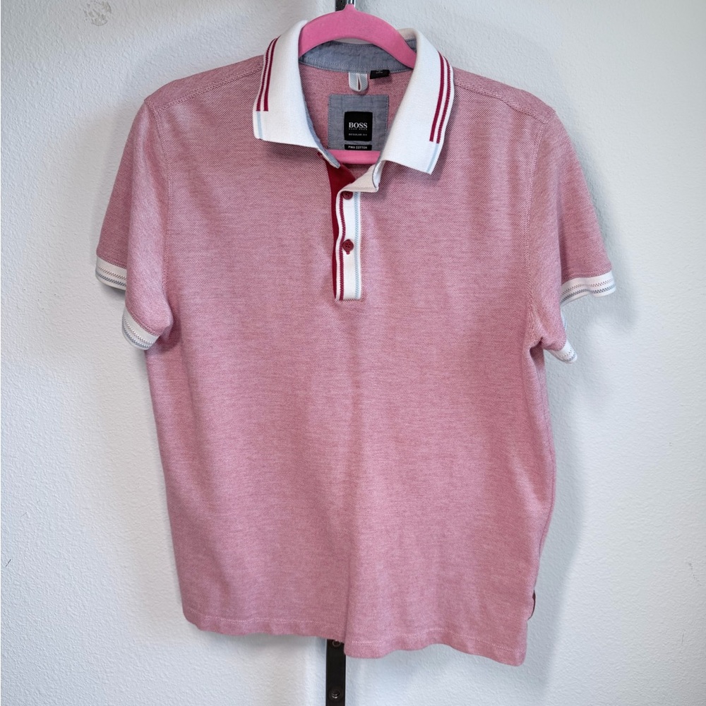 Hugo Boss Polo Shirt Men’s M Red Pink Pima Cotton Regular Fit Short Sleeve